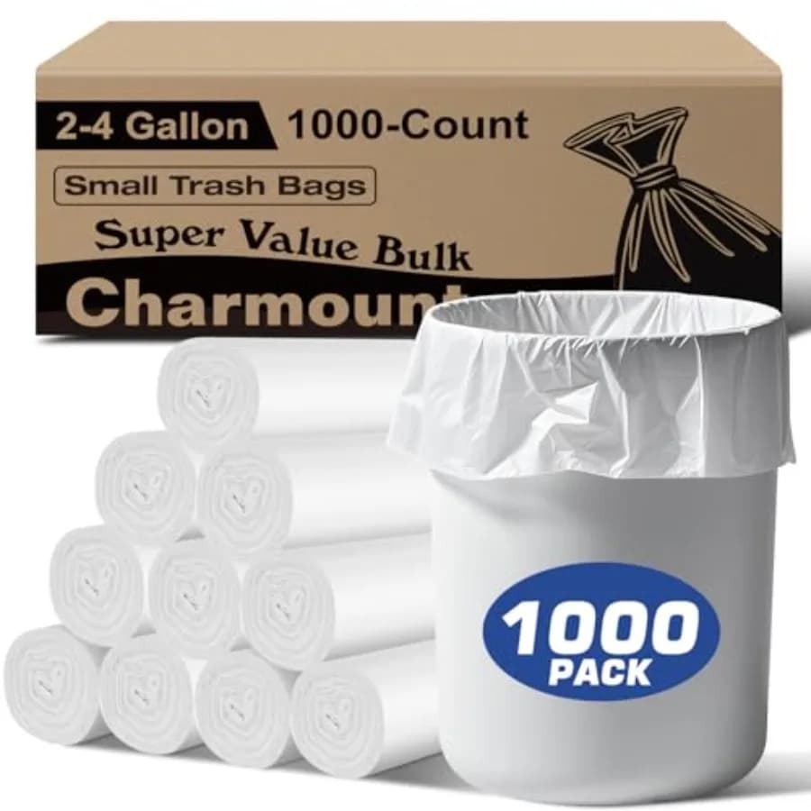 Small Trash Bags 2-4 Gallon 1000 Count, Unscented White Plastic Wastebasket Liners for Bathroom, Mini Garbage Can or Bin