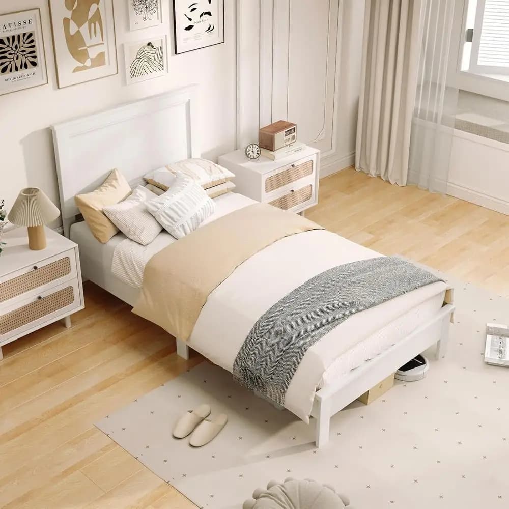 Struttura letto matrimoniale Mid-Century in legno con testiera, supporto a doghe, contenitore sotto il letto, base per materasso, bianco