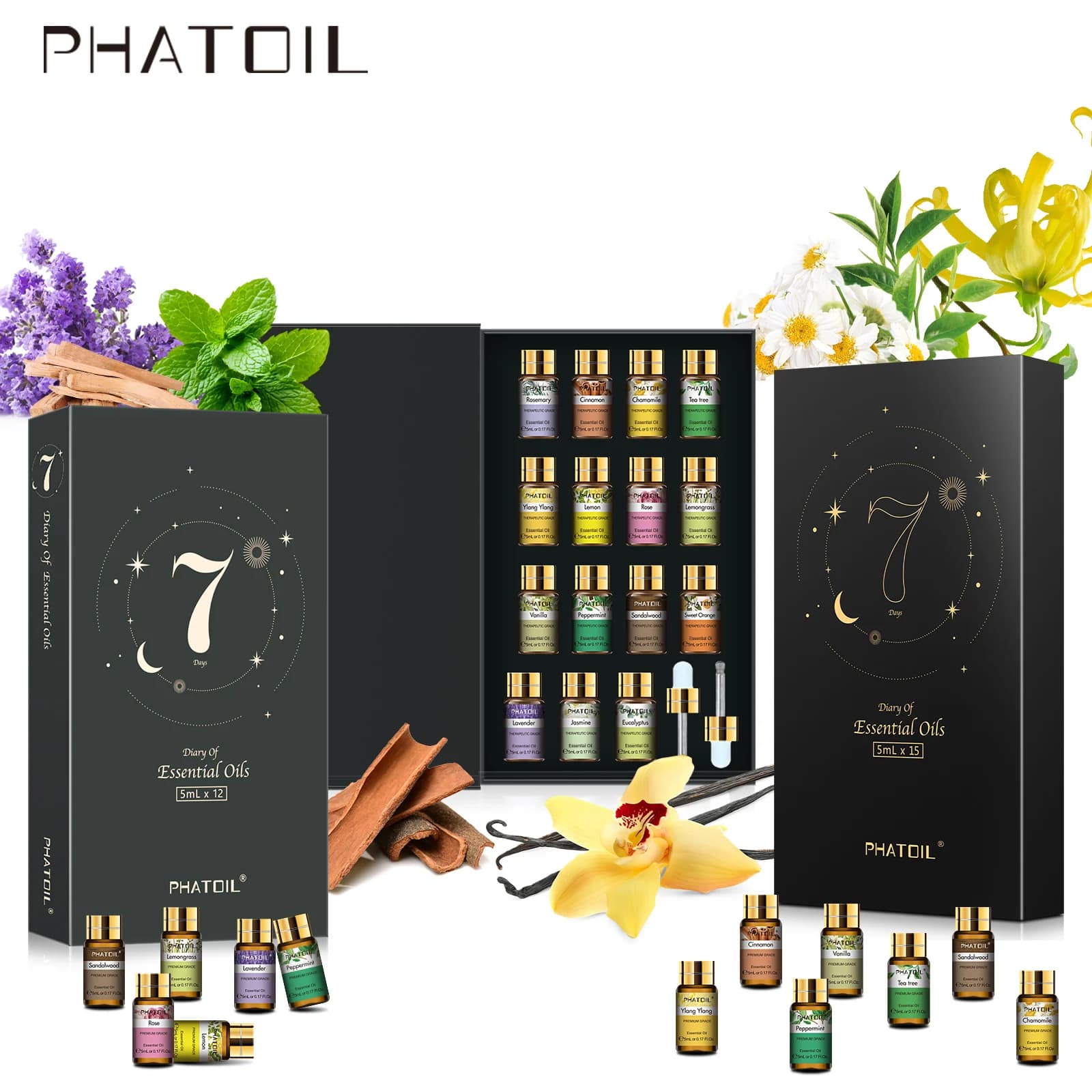 PHATOIL Set di 12/15 Oli Essenziali per Aromaterapia - 5ml Lavanda Vaniglia Bergamotto Ylang Lemongrass Menta Piperita Rosa Limone