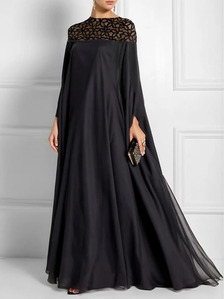 Women's Elegant Black Abaya Dress Batwing Sleeves Loose Hollow Out See-Through Formal Party Evening Maxi Dresses