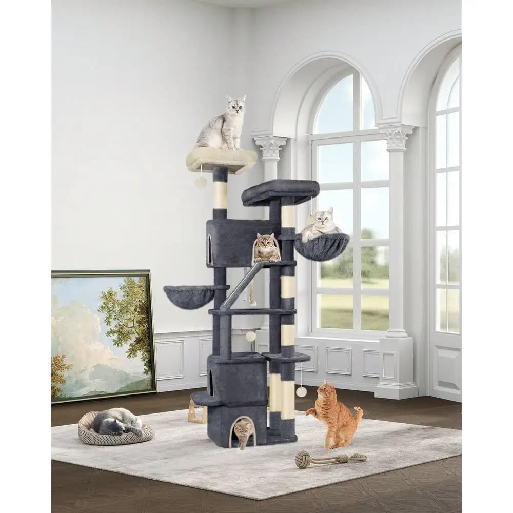73 Albero per gatti, Grande torre per gatti da interno, Arredamento per gatti con 2 piattaforme, 3 cucce, 6 posti per grattare, 2 cesti, P