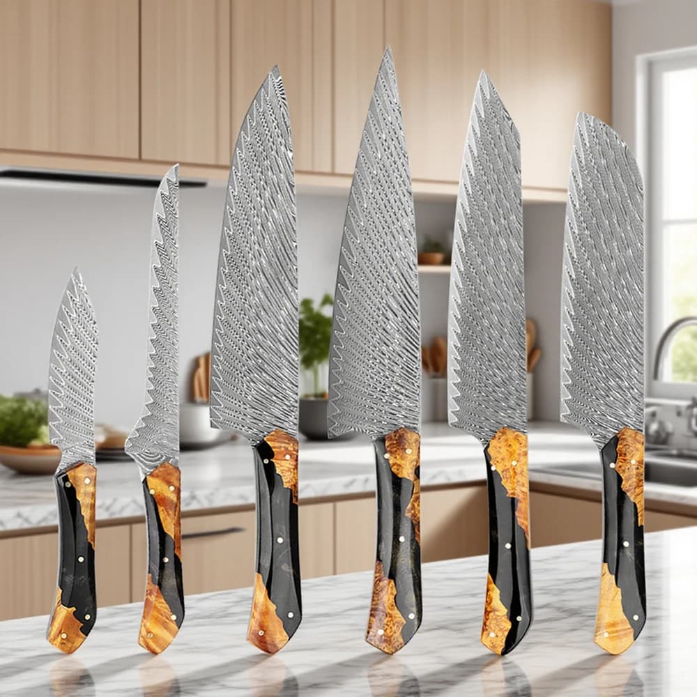 Set di coltelli da cucina in acciaio Damasco 1-5 pezzi, coltelli da chef professionali fatti a mano, coltello Santoku, coltello da intaglio, manico ergonomico a gambo pieno