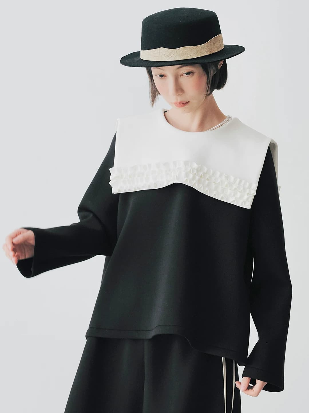 IMAKOKONI original design navy collar long sleeved autumn solid color T-shirt top for women 244781