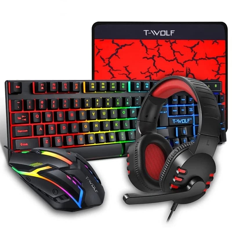 4in-1 Gaming Kit: Cabin Keyboard, Mouse, Mouse Mat, Gaming Headphones with LED Retro Illumination and Microphone for Esports, Gaming and Office