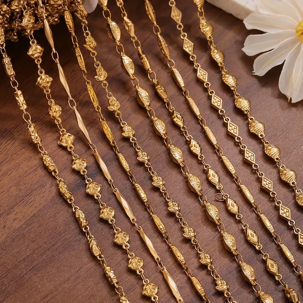 1Meter Stainless Steel Gold Plated Chains Embossing Textured Heart Carved Beaded Chain for DIY Bracelet Necklace Jewelry Making