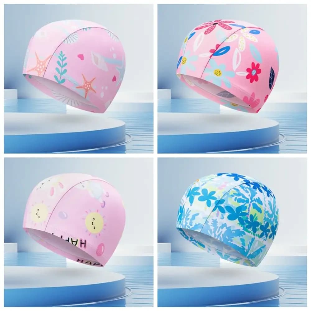 Comfortable Polyester Swim Cap Cartoon Print Waterproof Swimming Hat High Elasticity Kids Swim Cap Beach