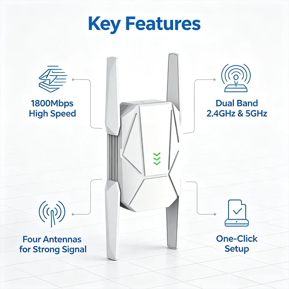 Wireless Range Extender 1800Mbps Dual Band WiFi Repeater with 4 External Antennas and 10/100/1000M Gigabit Ethernet Port