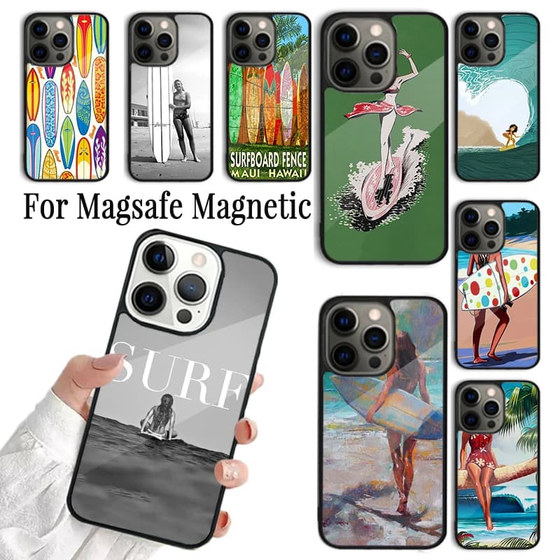 HAWAII BEACH SURF GIRL SURFING ART Phone Case Cover For iPhone 17 16 15 14 13 12 11 Pro Max Plus Magnetic FOR Magsafe