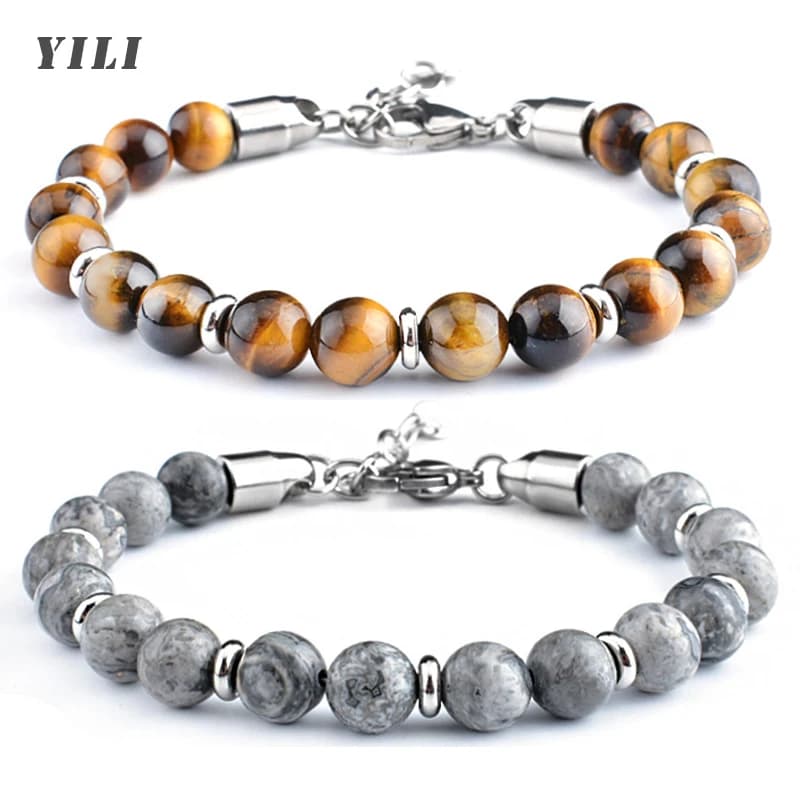 Stainless Steel Bracelet for Men 8mm Map Stone Tiger Eye Bracelet Handmade Natural Stone Beaded Bracelet Adjustable Jewelry Gift