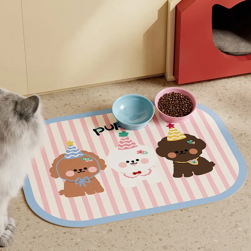 VIKAMA Cute Cartoon Pet Cat Dog Feeding Mat, Waterproof Anti-Slip Non Slip Food Mat for Cat Dog Bowl, Easy Clean Stripe