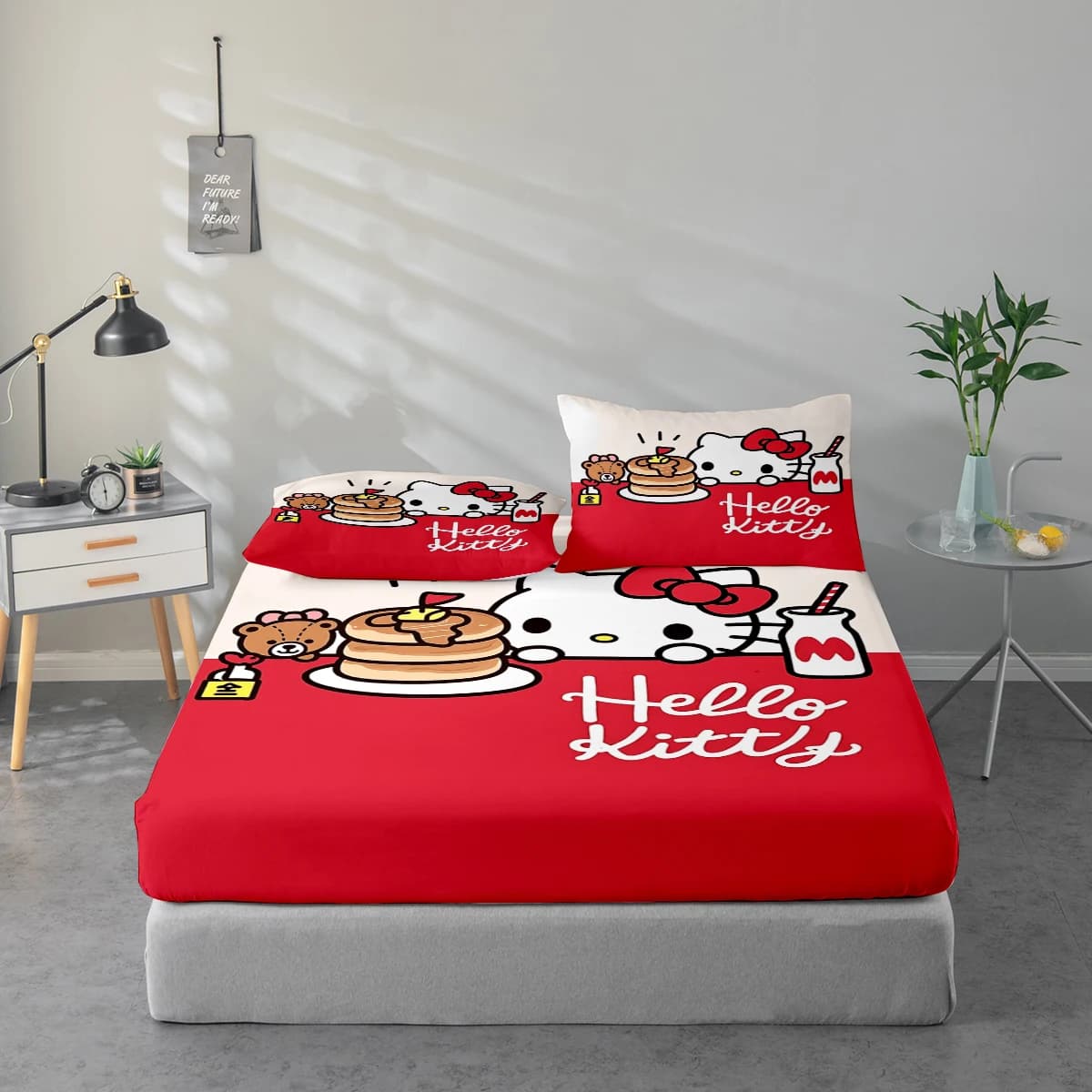 3-Piece High-Definition Digital Printed Bed Sheet Set with Hello Kitty Pattern, Large Floral Print Bed Sheet Set, Includes 1 Fitted Sheet + 1/2 Pillowcase, Suitable for Bedroom, Guest Room, Home Decoration, Polyester Fiber Fitted Sheet + Pillowcase, Ultra-Soft Bedding, Thick and Ultra-Soft Fabric, Comfortable for All Seasons, Machine Washable