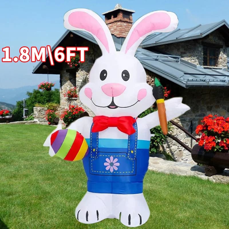 1.8M\6Ft Rabbit Eggs Inflatable Toys Paintbrush Luminous Easter Decoration with LED Bunny Doll Inflatable Model Garden Decor