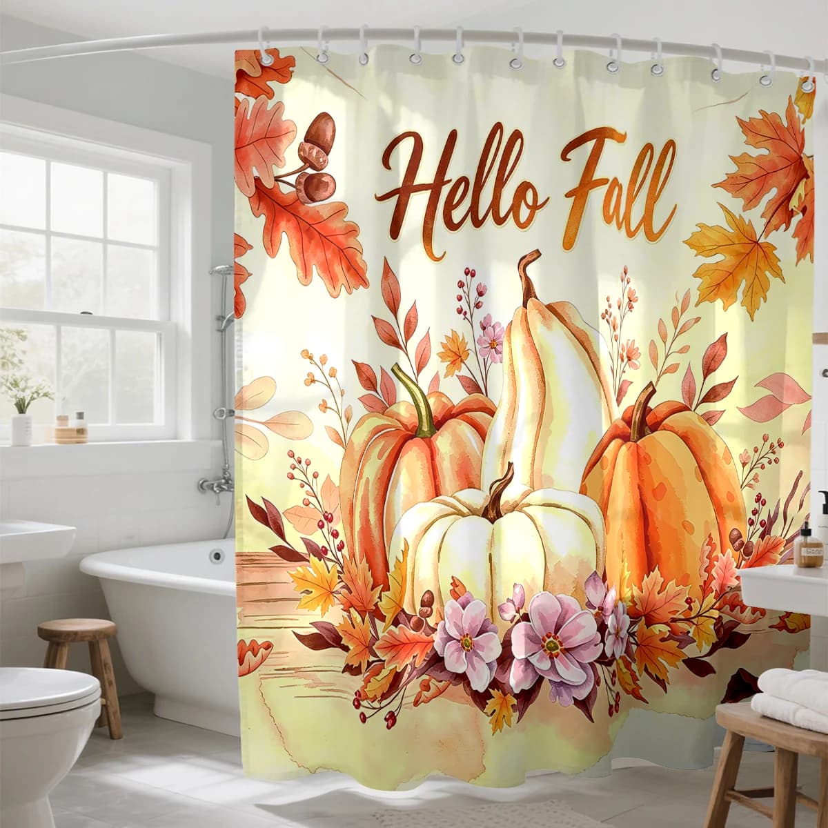 Hello Fall Pumpkin Floral Shower Curtain Autumn Maple Leaf Waterproof Bathroom Curtain Decor