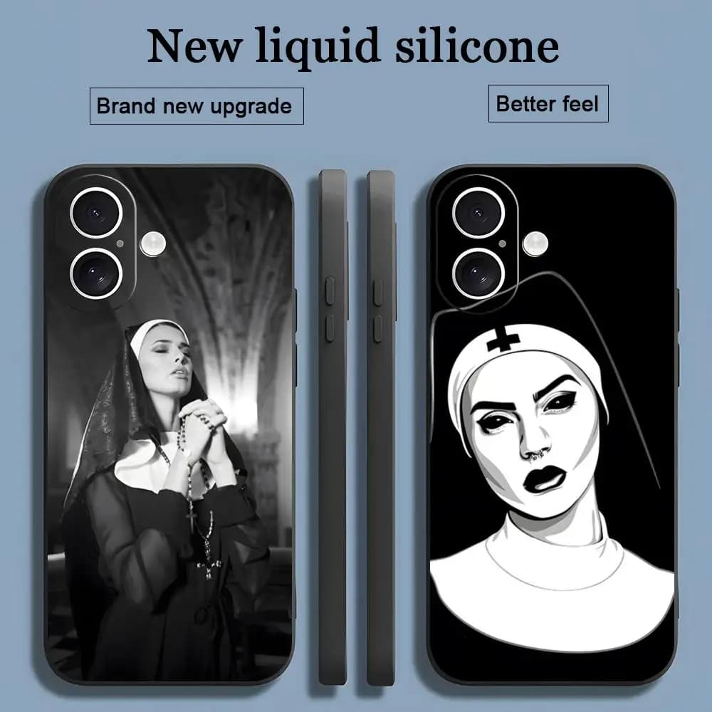 Cover Morbida Nera Antiurto con Stampa Nun Painting per iPhone 17 16 15 14 13 12 11 X XR XS 8 Plus Mini Pro Max