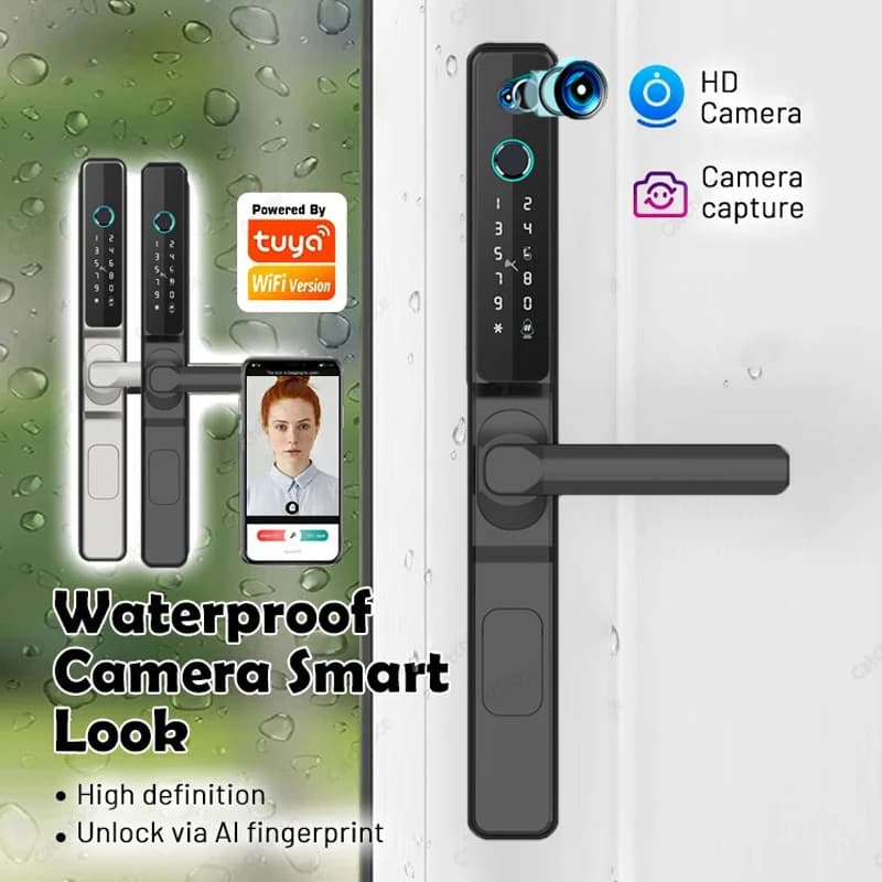 Serratura per impronte digitali con fotocamera impermeabile TUYA WIFI APP Codice scheda RFID Serratura elettronica intelligente senza chiave Scorrevole in alluminio/vetro
