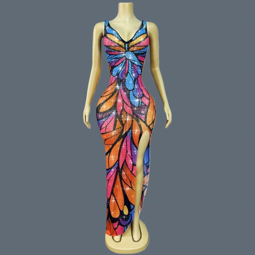 Abito da sera con strass scintillanti con stampa a farfalla Fasciatura sexy con scollo a V profondo Abito lungo Festa a tema Festeggia il vestito Caihongdie