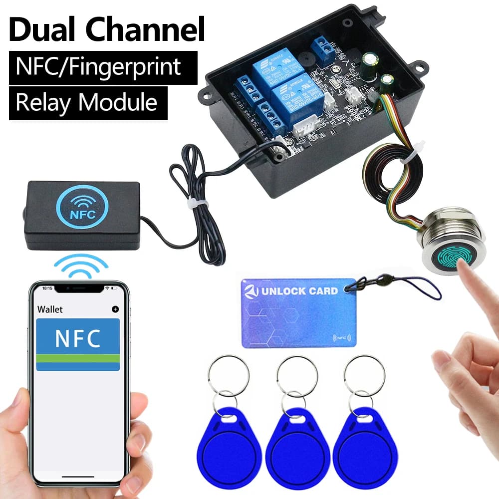 Scheda di controllo relè NFC per telefono cellulare a doppio canale Modulo di controllo delle impronte digitali Controller di accesso per scheda IC Chiave per auto Interruttore di sblocco fai-da-te