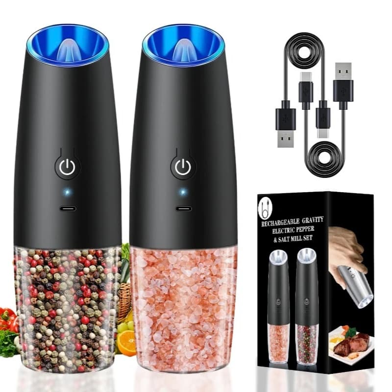 Rechargeable Electric Salt Pepper Grinder Set, Adjustable Coarseness LED Spice Mill, One Hand Operated Kitchen Shaker