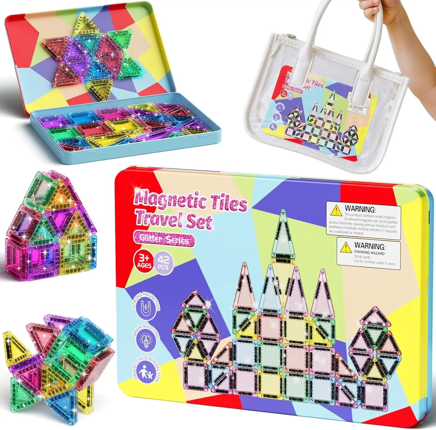 Set di 42 Mini Piastrelle Magnetiche Glitterate da Viaggio con Scatola Portaoggetti - Gioco Educativo STEM per Bambini
