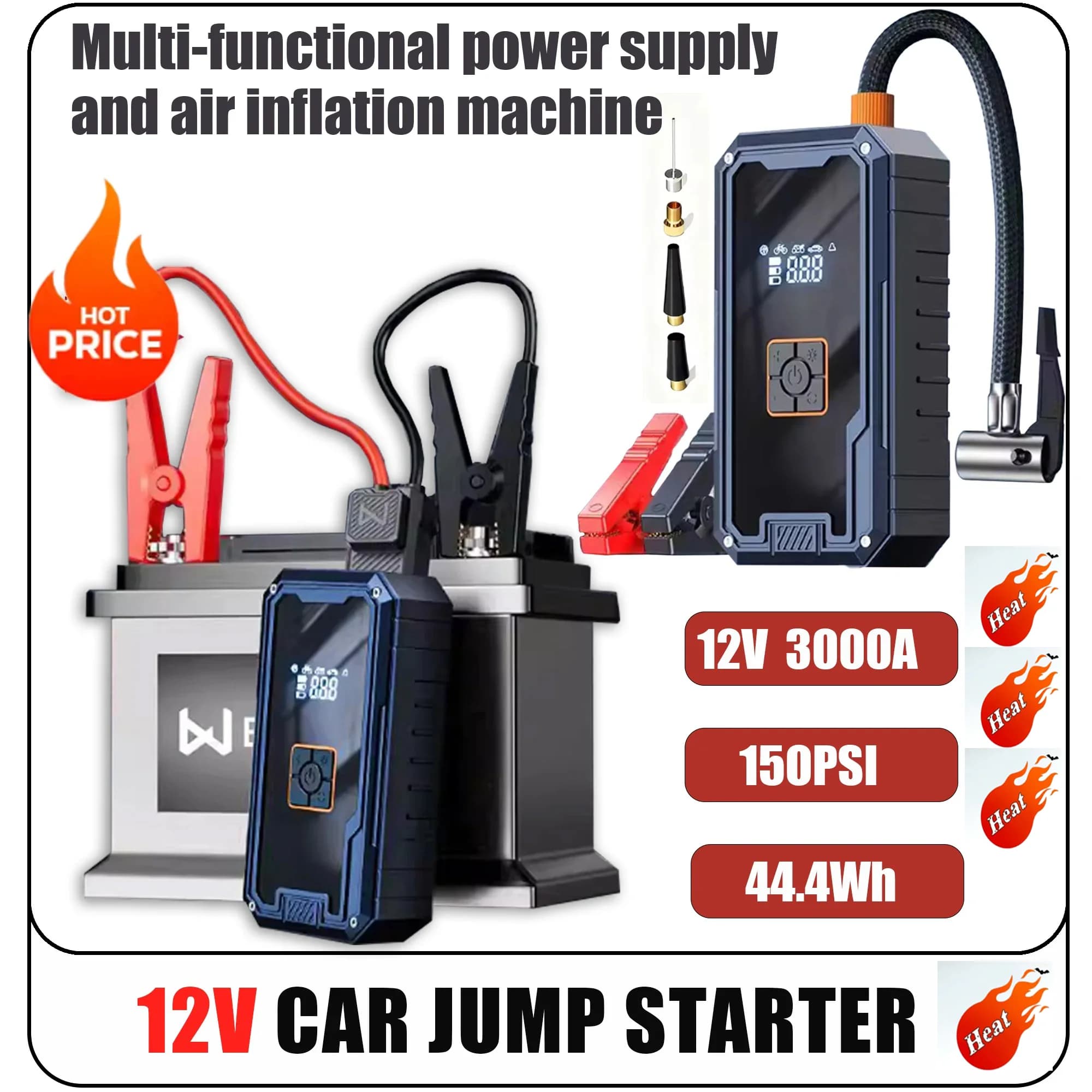 Avviatore d'Emergenza Portatile 3000A 99800mAh con Compressore d'Aria 150PSI, 4 in 1, Booster Auto 12V, Power Bank, Torcia LED per Campeggio