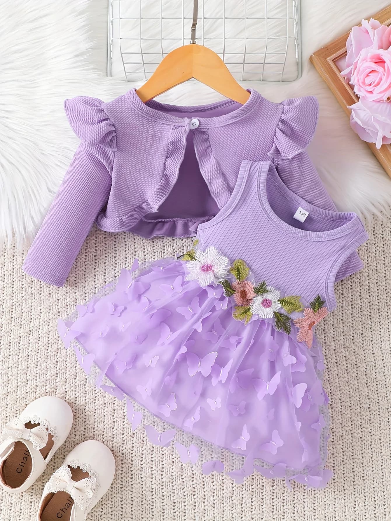 Completo viola per neonata: abito in tulle con farfalla 3D + set cardigan in maglia con volant in due pezzi