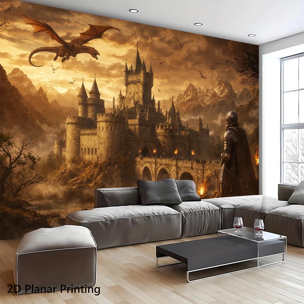 Medieval Dragon Castle Knight Fantasy Landscape 2D Flat Tapestry Backdrop For Living Room Decor Epic Wall Hanging Print