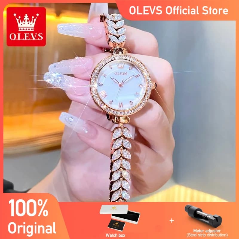 OLEVS Women's Watch Elegant Original Fashion Waterproof Fish Bone Strap Stainless Steel Luminous Bezel With Hand Diamonds