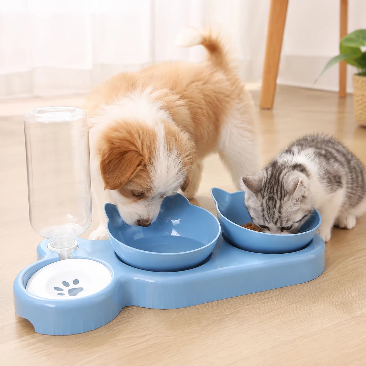 Cute Pet Cat Bowl Automatic Feeder Water Dispenser Dog Cat Automatic Water Dispenser Anti-Slip No Spill Food Water Bowl