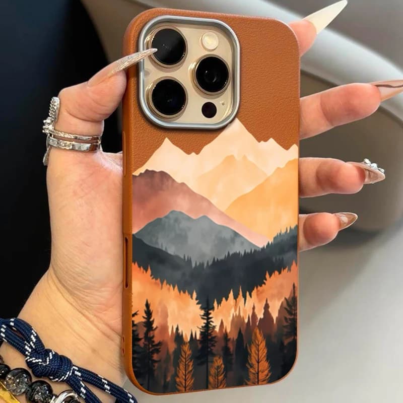 Cover per iPhone con texture litchi Mountain Sunset per iPhone 17 Pro Max 15 14 13 12 11 16 Pro XS X XR 7 8 Plus 16E 17 Air Bumper Cover