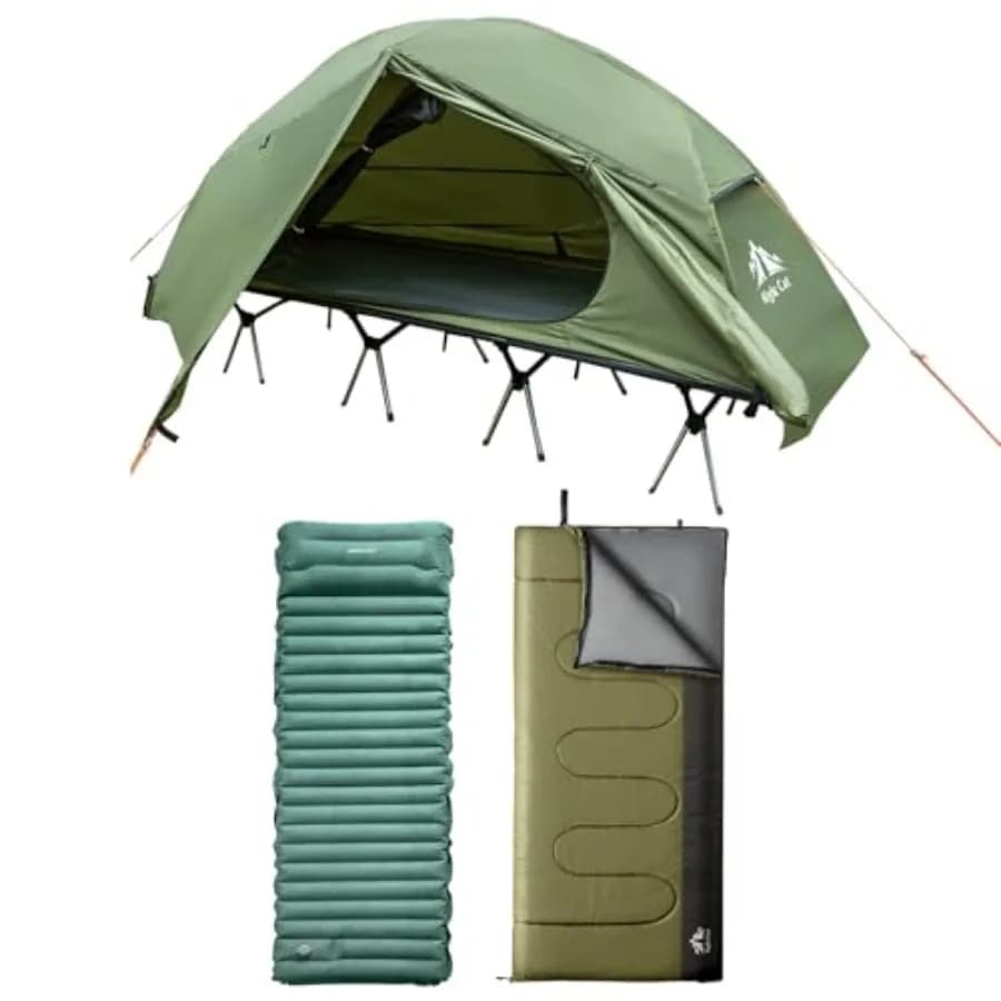 Tenda da campeggio con materassino e sacco a pelo impermeabile, lettino singolo fuori terra per adulti, portatile e facile da montare