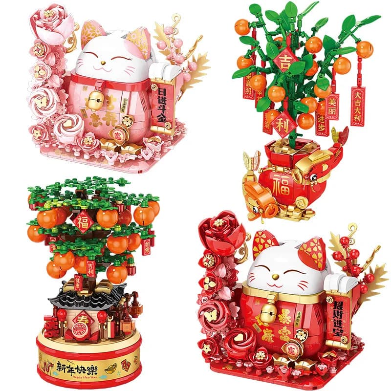 New Year Gift Cute Lucky Cat Money Tree DIY Building Blocks Model Toy Home Decoration With Light For Kids And Adults