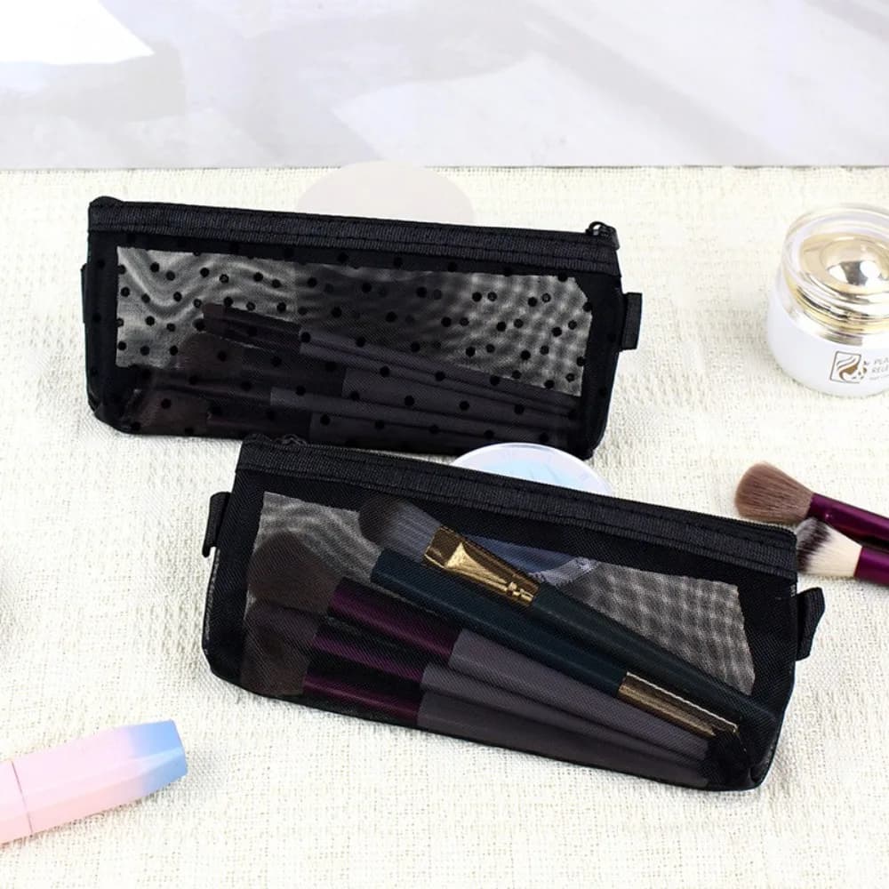 Borsa per cosmetici trasparente portatile Borsa per matite con cerniera stampata a cuore nero Borse per trucco in rete Borse e custodie per cosmetici