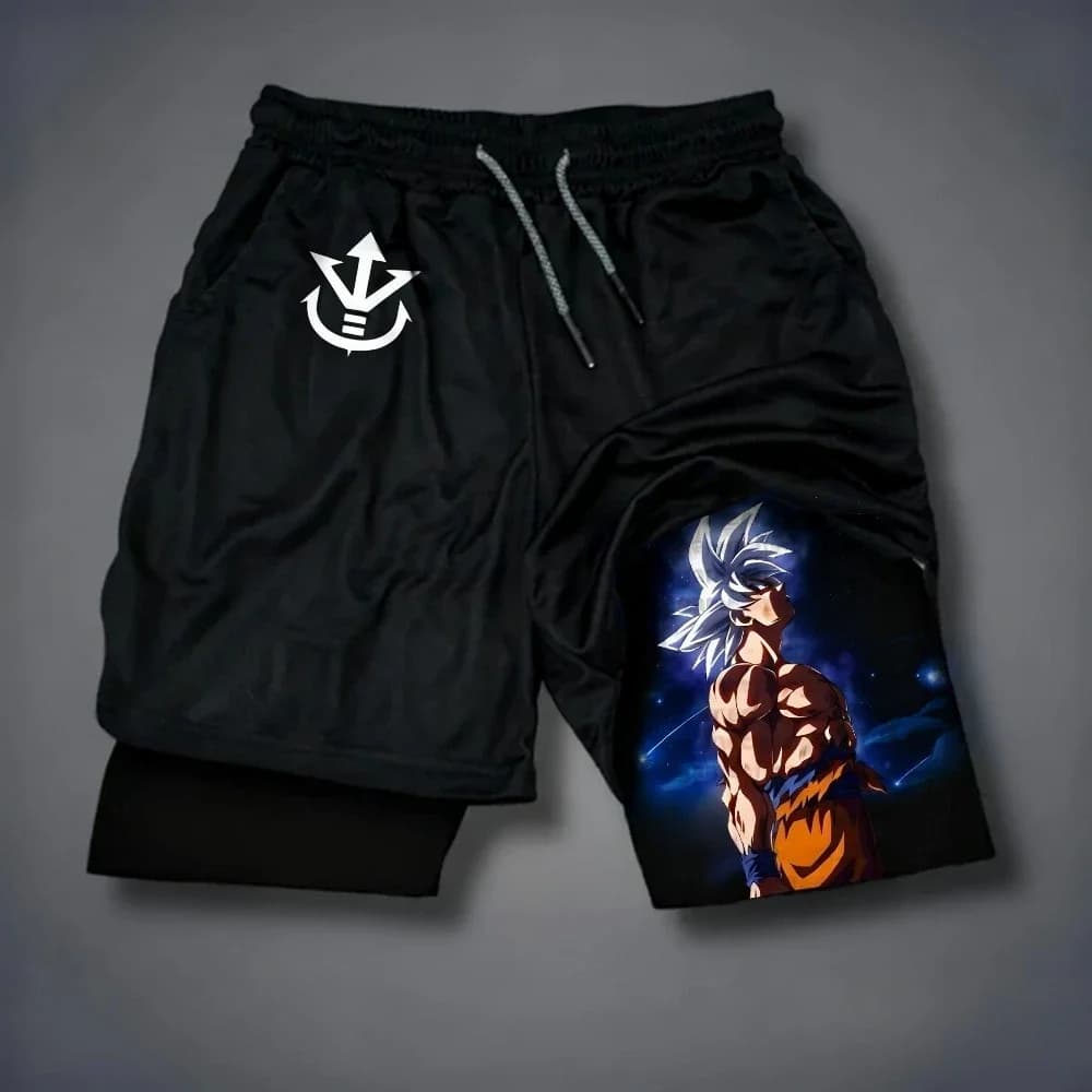 2 in 1 sports shorts with Dragon Ball Anime New Super Saiyan print, double layer summer shorts for fitness, swimming, hiking, fashionable