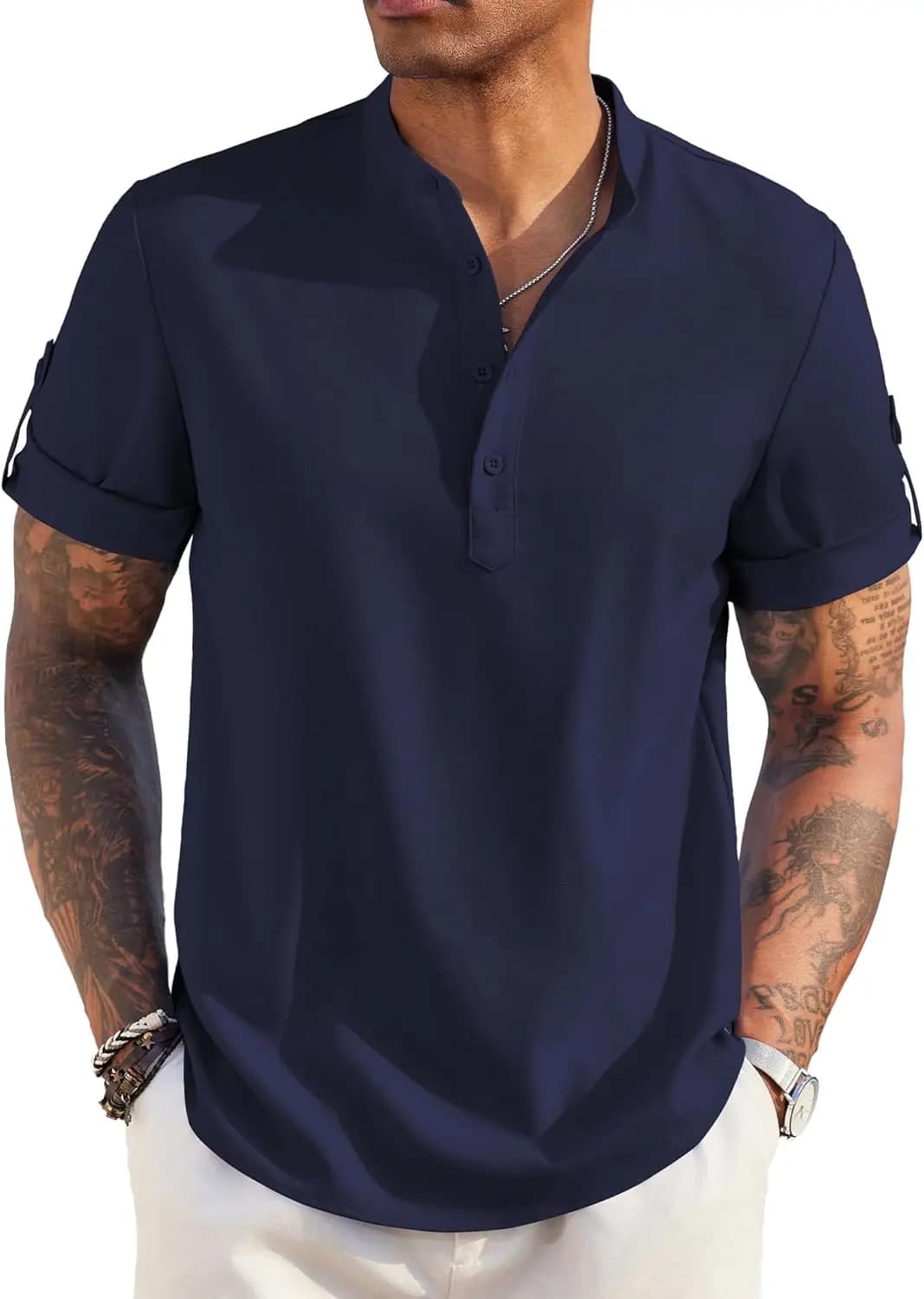 Camicia Henley Casual da Uomo a Maniche Corte con Colletto a Fascia, in Lino, Estiva, da Spiaggia, Stile Hippie