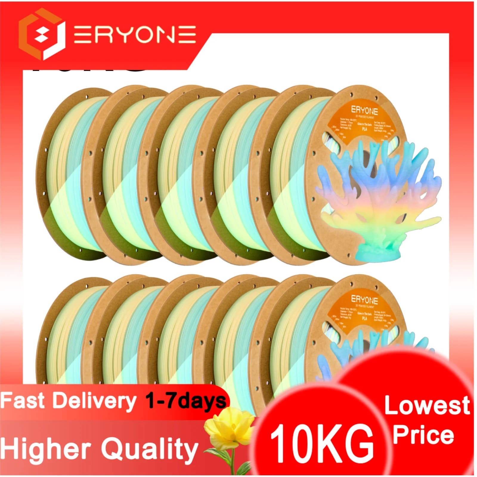 Filament PLA Bright Eryone 1KG/3KG/5KG/10KG 1.75mm, Plastic Fluorescent Material for 3D Printing 1KG/3KG/5KG/10KG