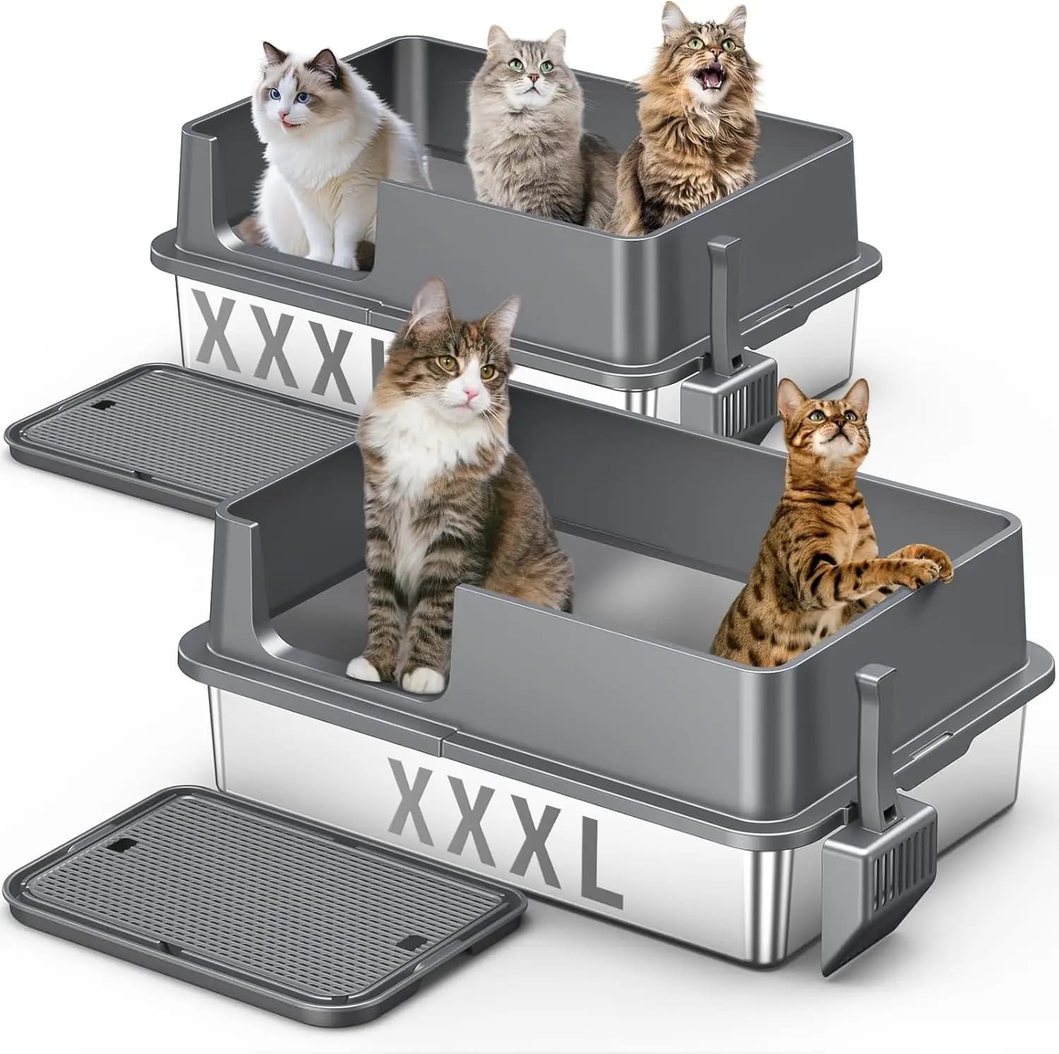 Set di 2 Lettiere per Gatti in Acciaio Inox XXXL con Coperchio e Bordi Alti, Lettiere Grandi per Gatti Grandi e Multipli, Lettiere in Metallo per Gattini