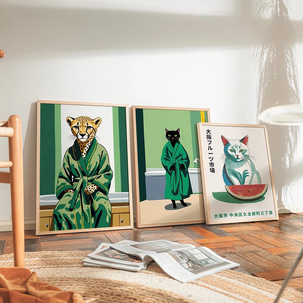 Simpatico accappatoio gatto Poster gatto giapponese Neko stravagante ghepardo unico decorazioni per la casa stampe Y2k appartamento Decor pittura murale alla moda