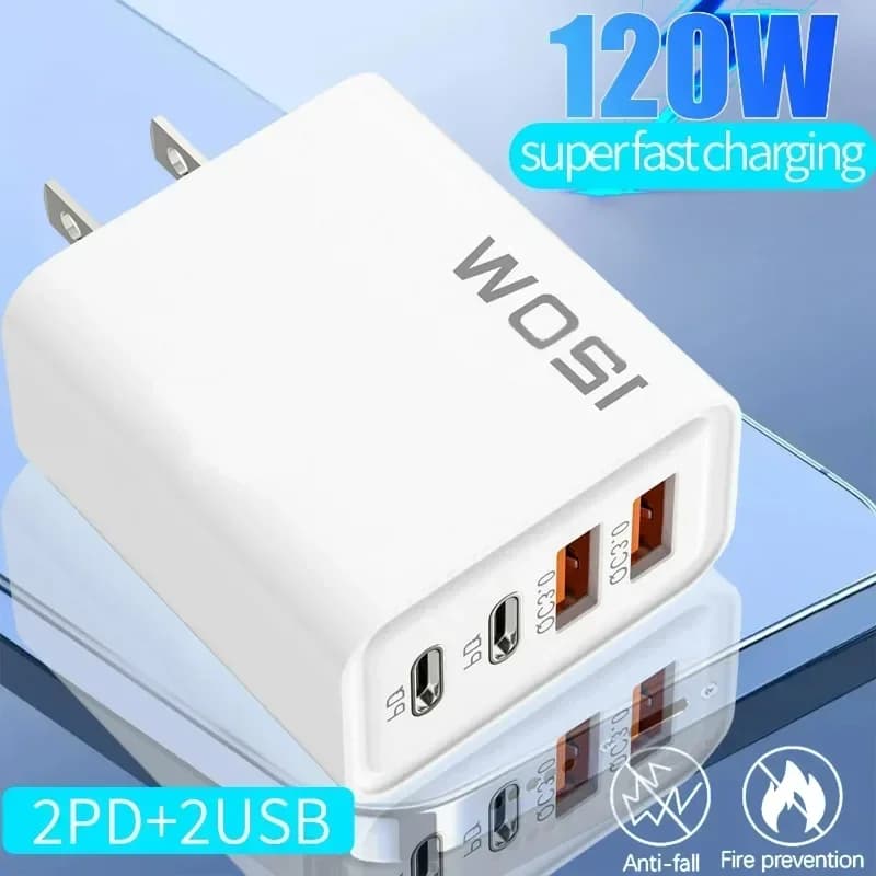 Adattatore da muro a ricarica rapida da 120 W a 4 porte Caricatore QC3.0 con doppia spina USB PD UE/USA/Regno Unito per telefoni cellulari Samsung IPhone Huawei