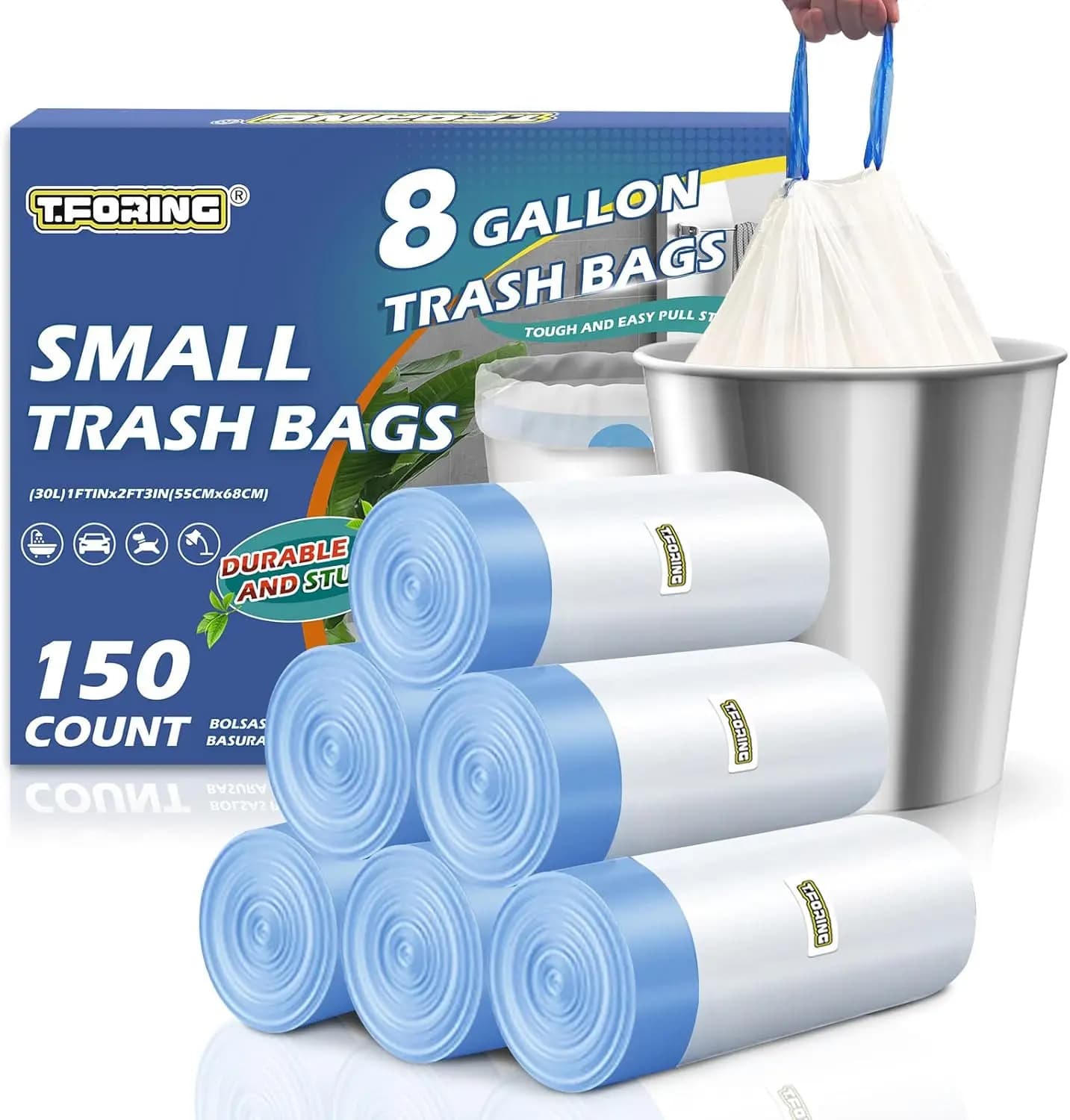 Sacchi per la Spazzatura da 8 Galloni con Cordoncino - Sacchi per Rifiuti Medi Resistenti da 1,2 Mil, Inodore, 30 Litri, in Plastica Spessa