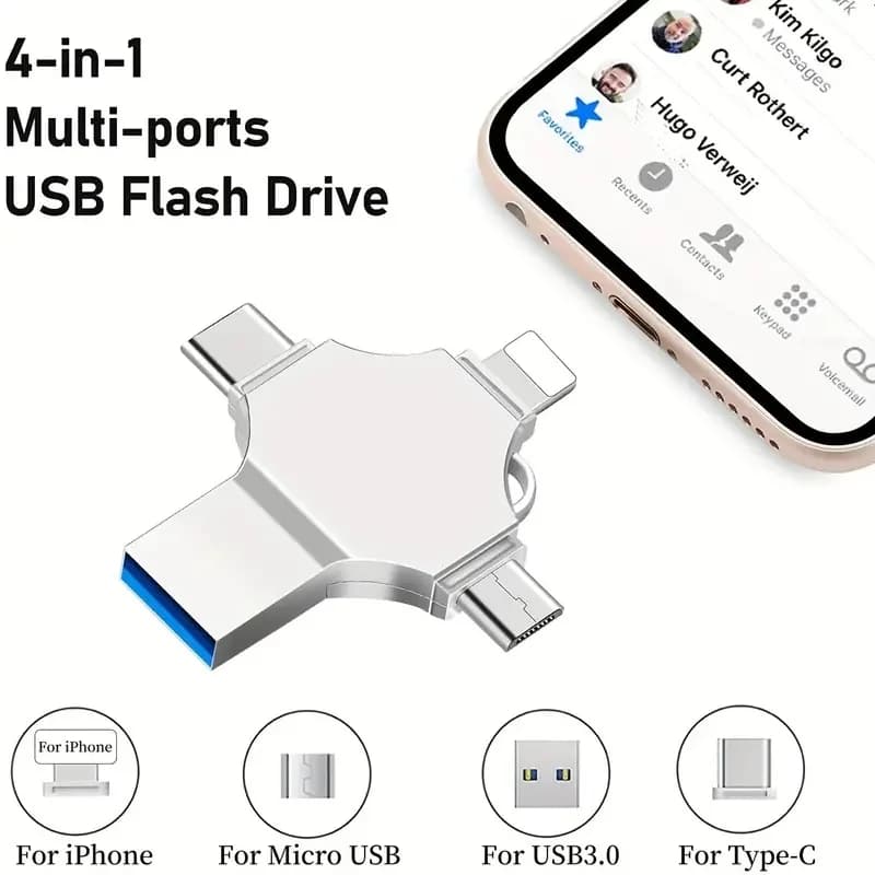 Chiavetta USB 3.0 4-in-1 per iPhone, Type-C, Android e PC, per Backup di Foto e Video, Memoria USB Portatile