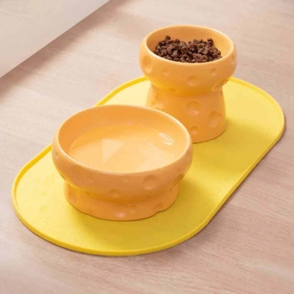 Large Diameter Elevated Cat Bowl Cheese Shape Anti-spill Neck Protection Bowl Ceramic Anti-leakage Pet Food Bowl Wet Dry Food