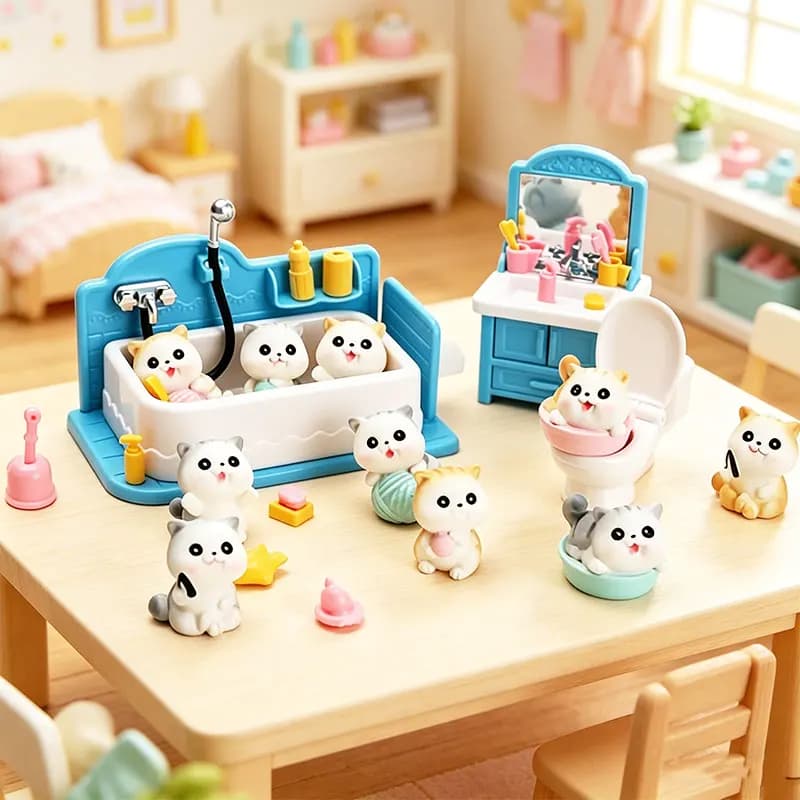 Set Bagno per Casa delle Bambole 1:12, Miniatura Famiglia di Gatti, Mini Vasca da Bagno, Lavandino e WC in Miniatura per Bambini, Giocattoli per Gioco di Ruolo, Regali