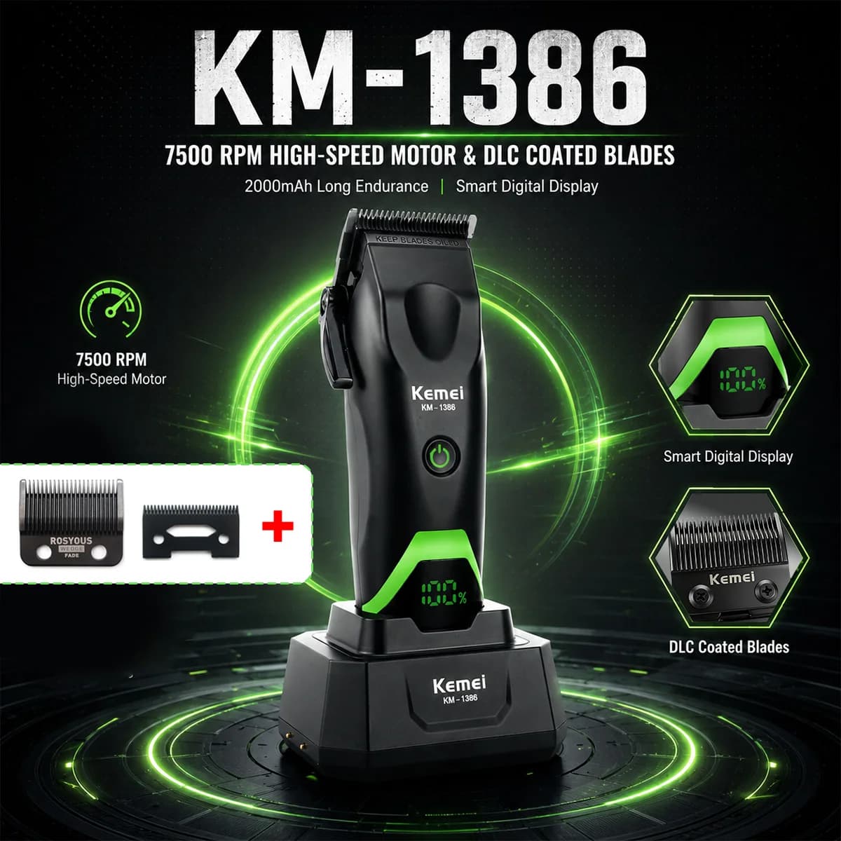Tagliacapelli Elettrico Kemei KM-1386 8000RPM con Lama DLC, Base di Ricarica e Display LED - Macchina Professionale da Barbiere per Uomo
