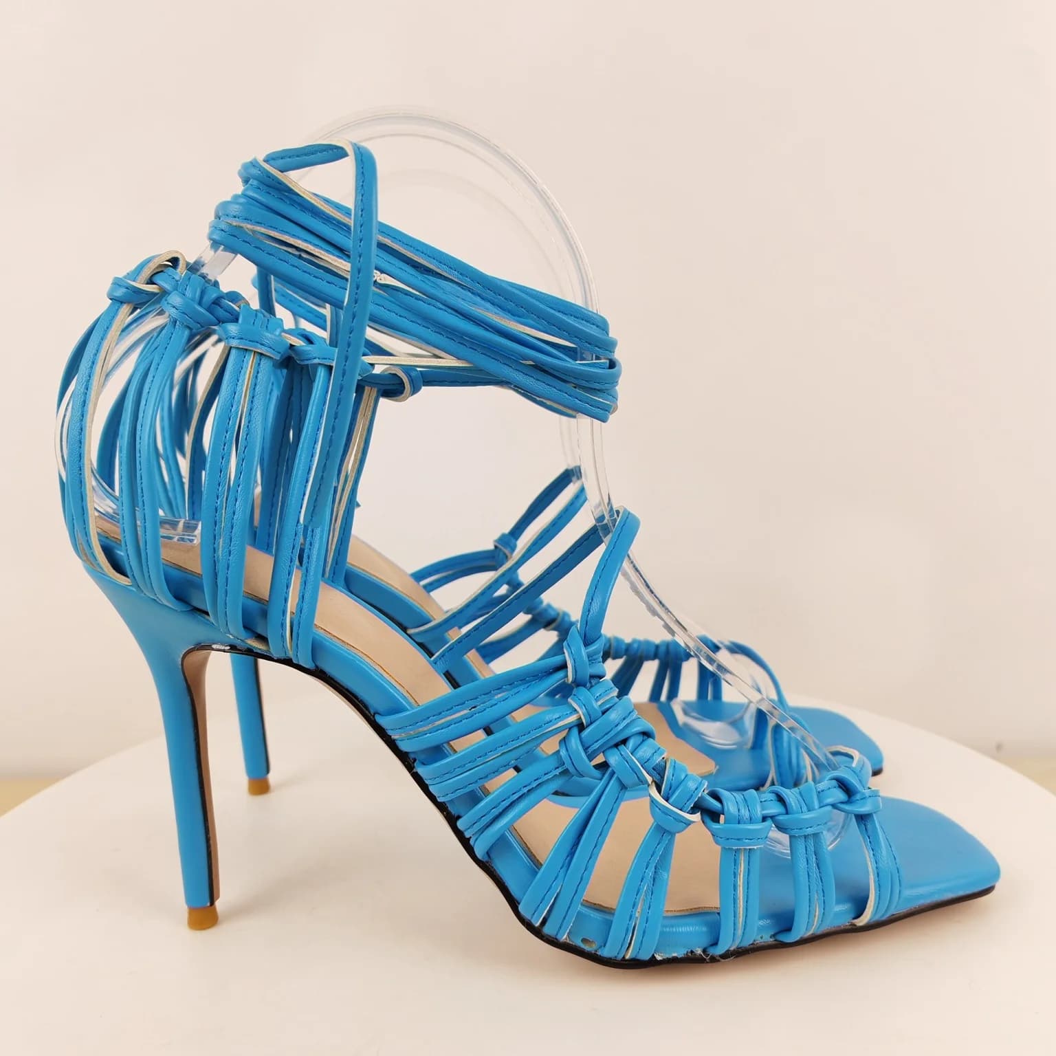 Sandali da donna intrecciati con cinturini multipli, punta quadrata, allacciatura alla caviglia, tacco alto sottile, scarpe da donna alla moda per tutti i giorni e feste