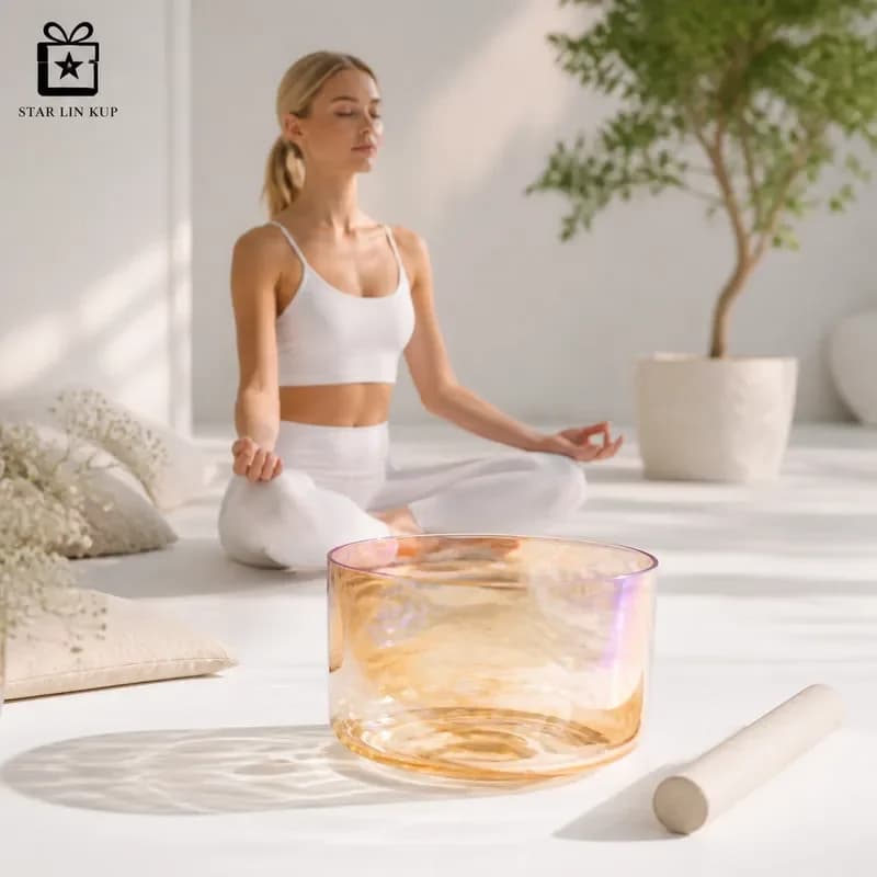 STAR LIN KUP Clear Quartz Crystal Singing Bowl Tea Color Cosmic Light Alchemy Sound Healing Yoga Meditation with Suede Mallet