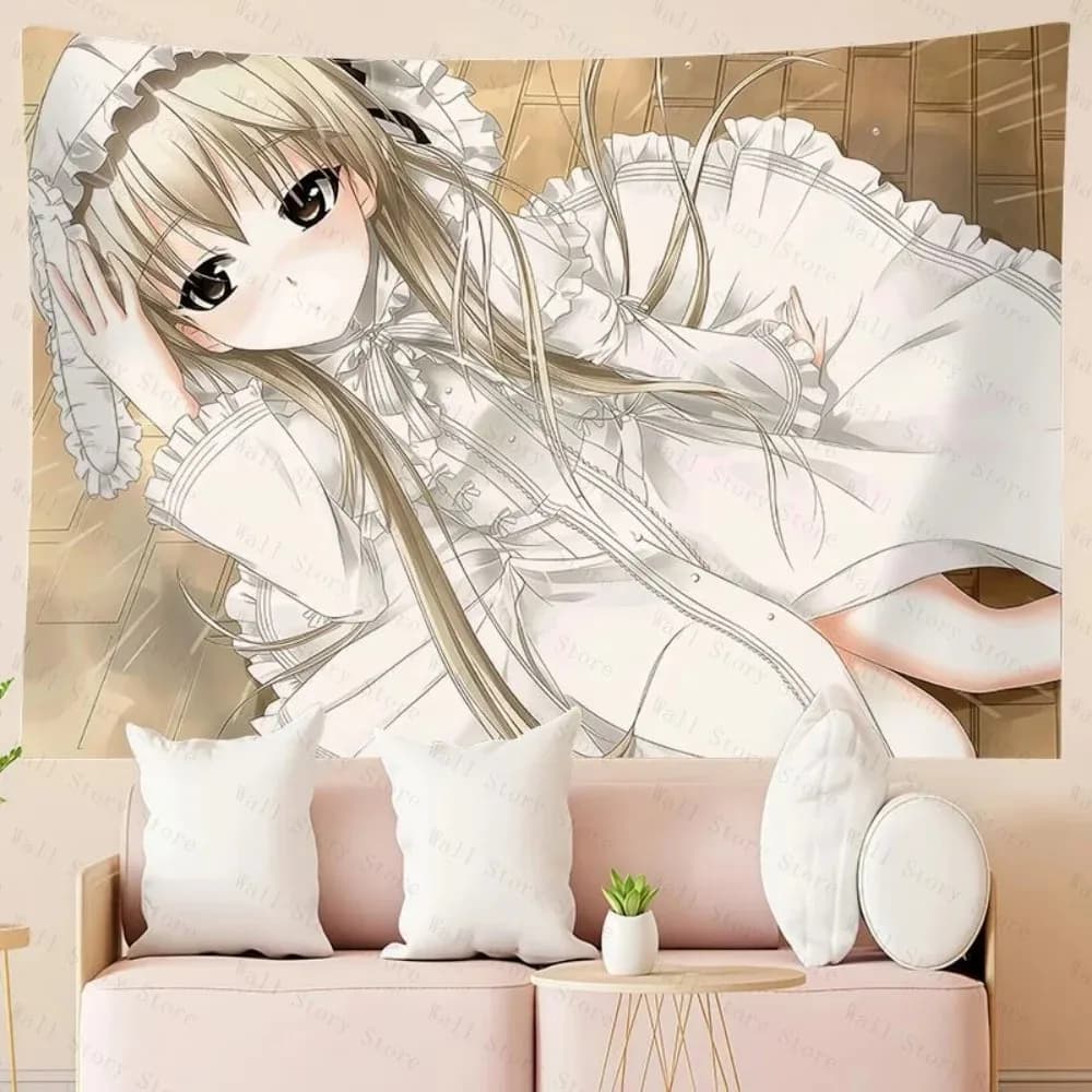 VIKAMA White Lolita Girl Tapestry Cute Retro Japanese Manga Wall Hanging Living Room Sofa Background Wall Room Decoration