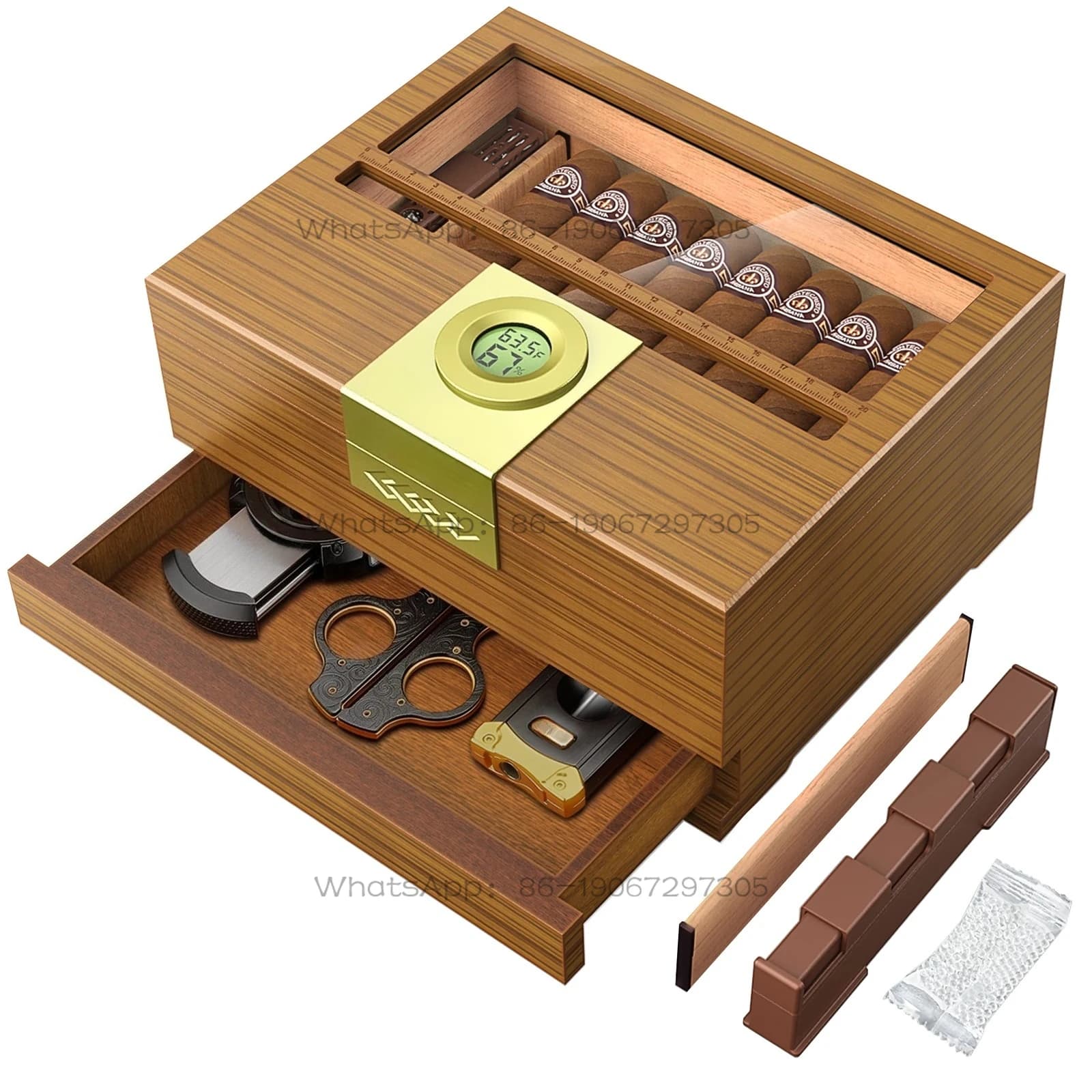 Umidificatore per portasigari con igrometro e umidificatore, custodia in legno di cedro con cassetto, divisore, misuratore di lunghezza