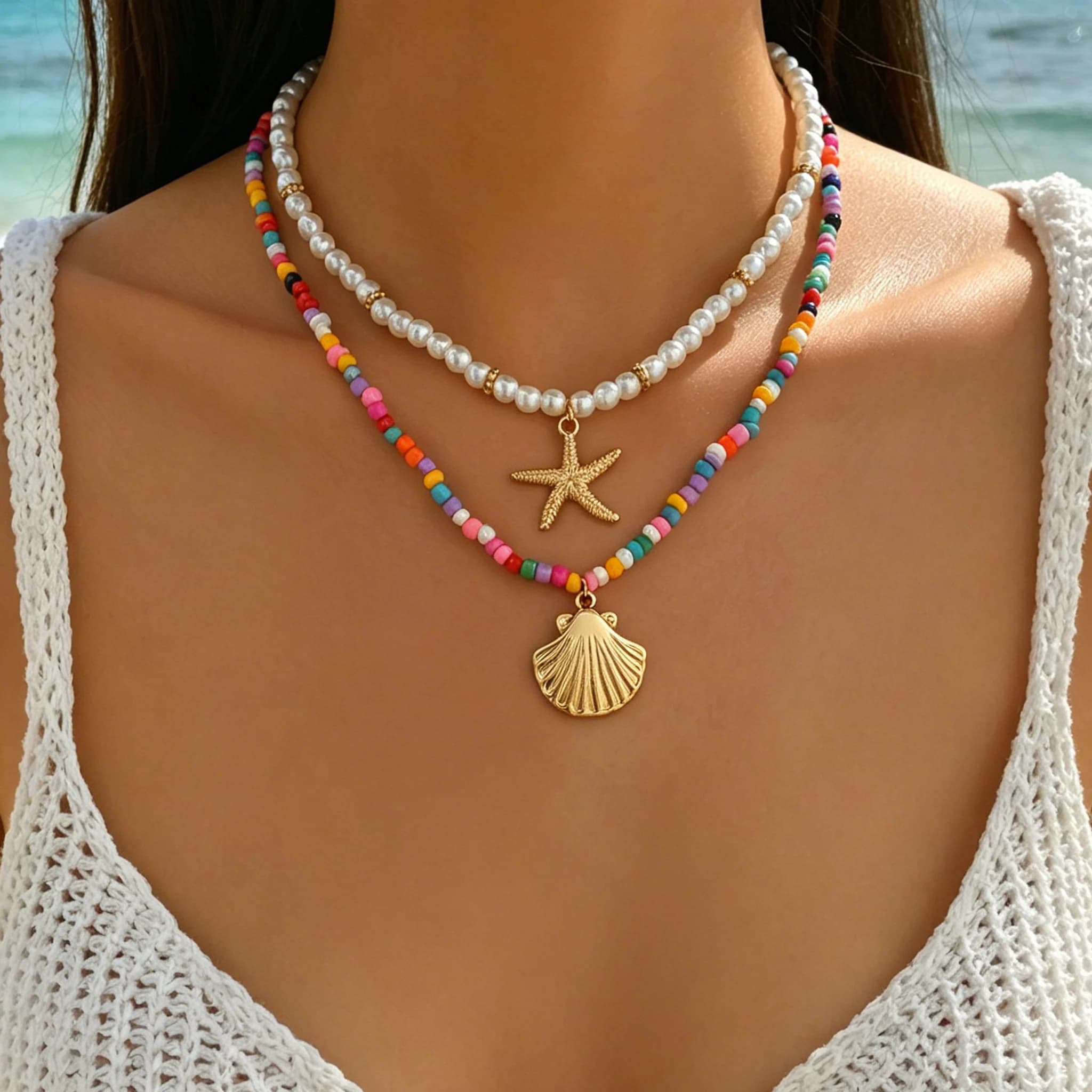 2 Piece Layered Rainbow Beaded Pearl Necklace Starfish Shell Pendant Boho Beach Summer Trendy Jewelry for Women