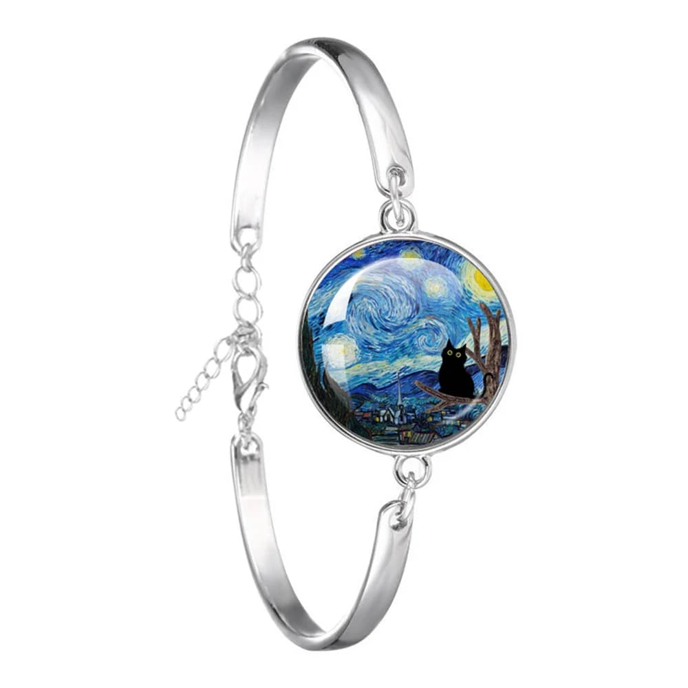 Van Gogh Cat Oil Painting 18MM Bracelet Starry Night Art Cats Glass Dome Jewelry for Men for Women Gift