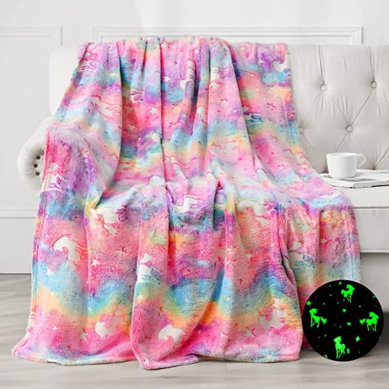 Nuova coperta luminosa al buio Spacecra con unicorno, regalo per bambini, decorazione per la cameretta, giocattoli unicorno, morbida e accogliente coperta luminosa.